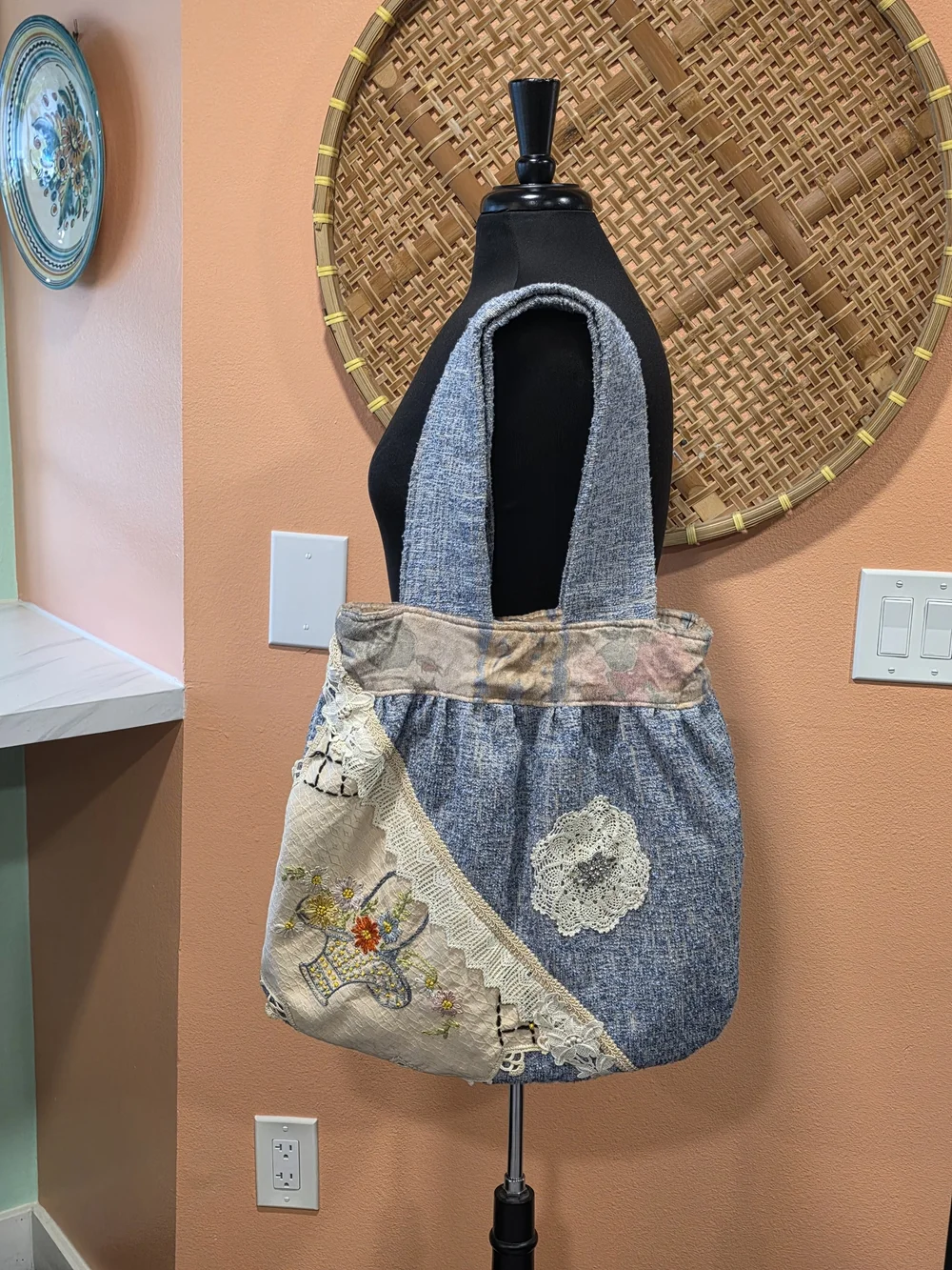 Handmade Patchwork Boho Embroidered Tote Shoulder Bag - Blue Cottagecore